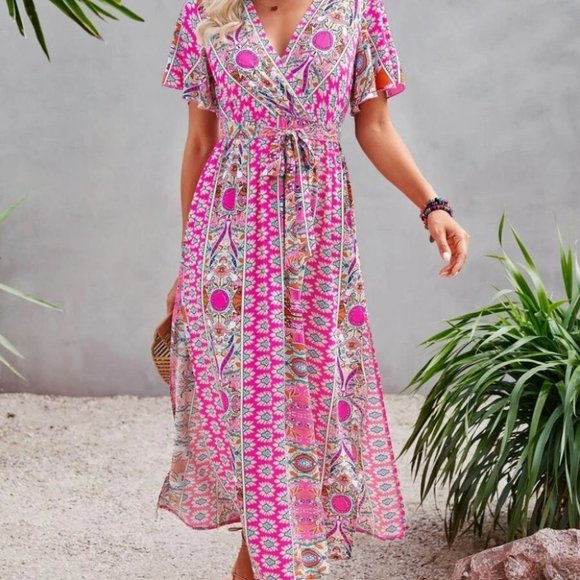 Butterfly Sleeve Split Side Belted Dress - Picture 2 of 4